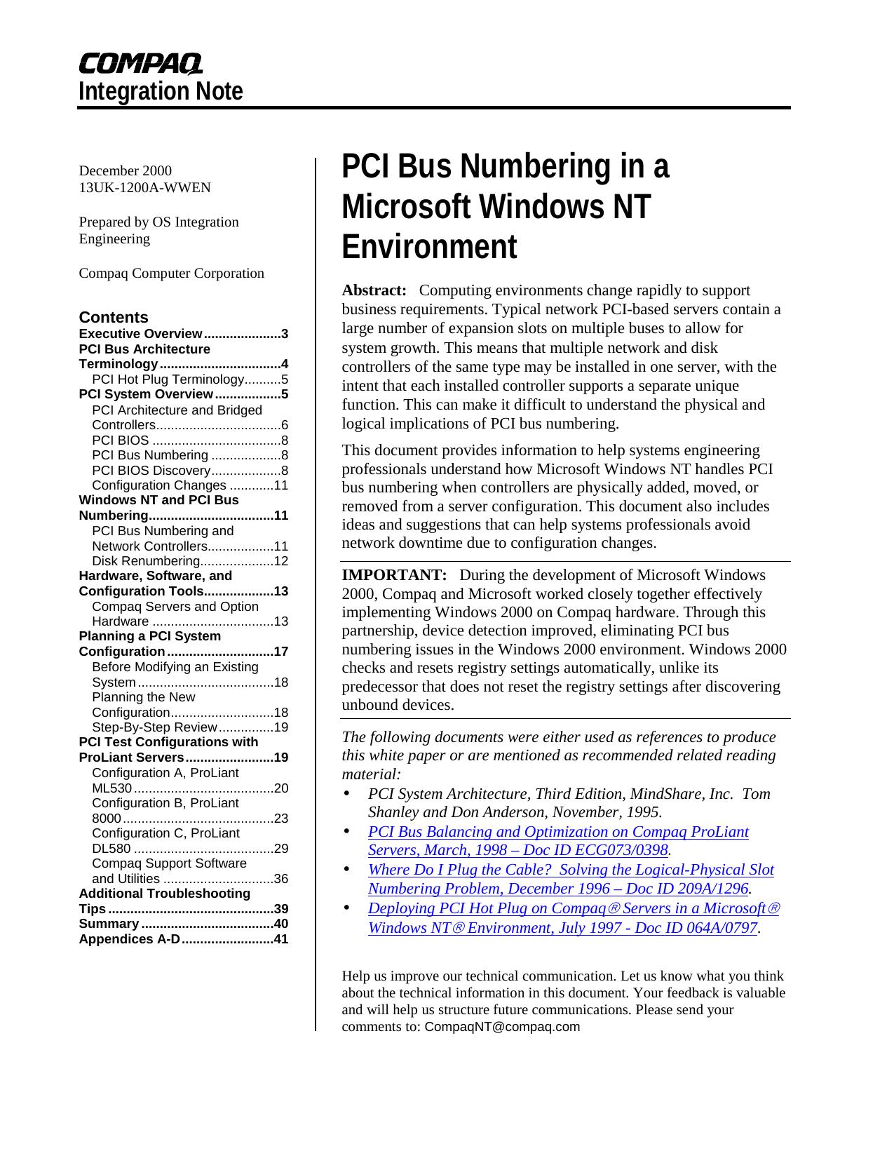 PCI Bus Numbering in a Microsoft Windows NT Environment by Crystal Rawls