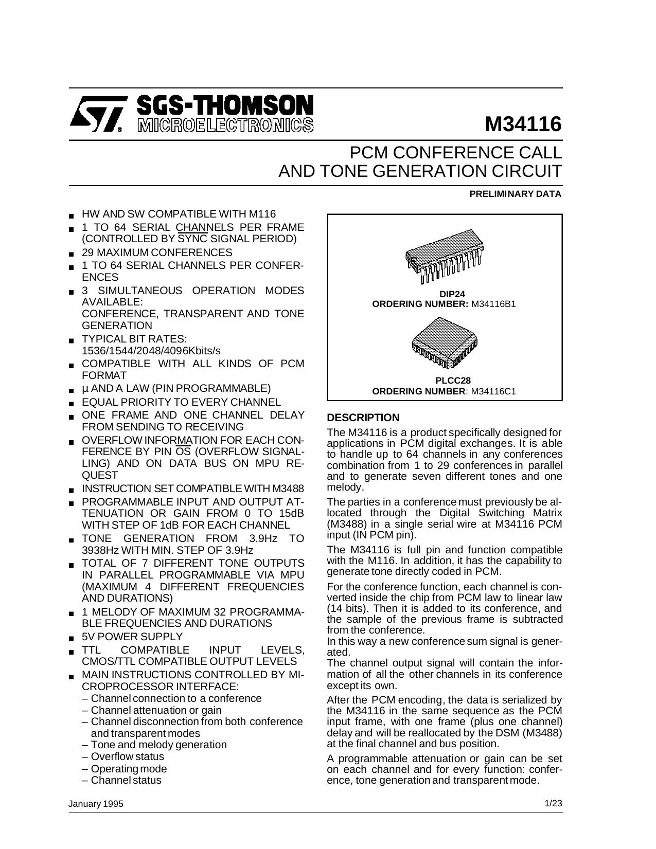PCM CONFERENCE CALL AND TONE GENERATION CIRCUIT by SGS-THOMSON Microelectronics