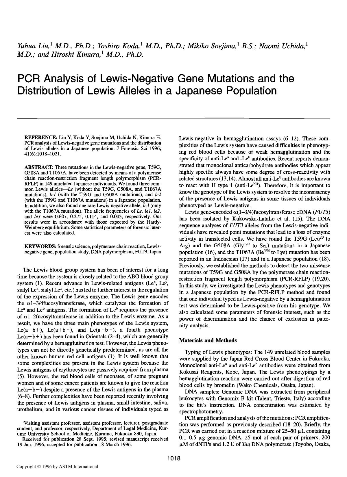 PCR analysis of Lewis-negative gene mutations and the distribution of Lewis alleles in a Japanese population by Liu Y Koda Y Soejima M Uchida N Kimura H