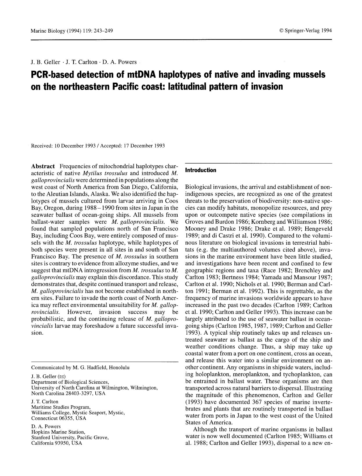 PCR-based detection of mtDNA haplotypes of native and invading mussels on the northeastern Pacific coast: latitudinal pattern of invasion by Unknown