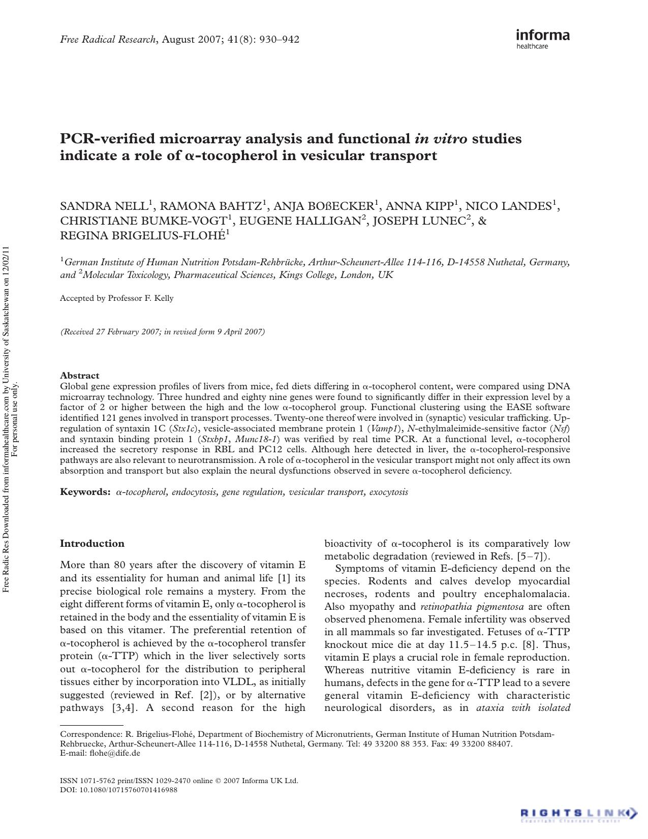 PCR-verified microarray analysis and functional in vitro studies indicate a role of Î±-tocopherol in vesicular transport by unknow