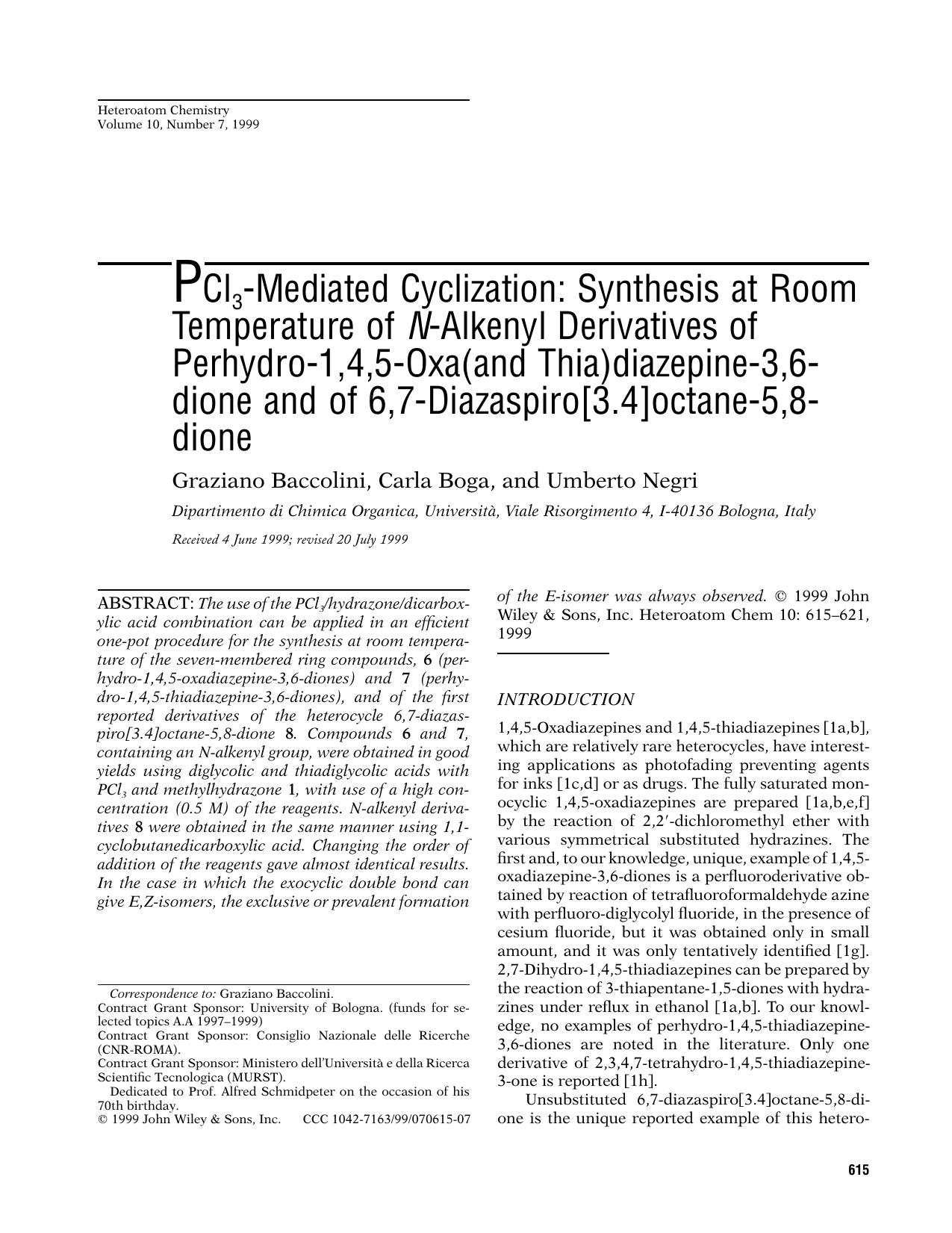 PCl3-mediated cyclization: Synthesis at room temperature of N-alkenyl derivatives of perhydro-1,4,5-oxa(and thia)diazepine-3,6-dione and of 6,7-diazaspiro[3.4]octane-5,8-dione by Unknown