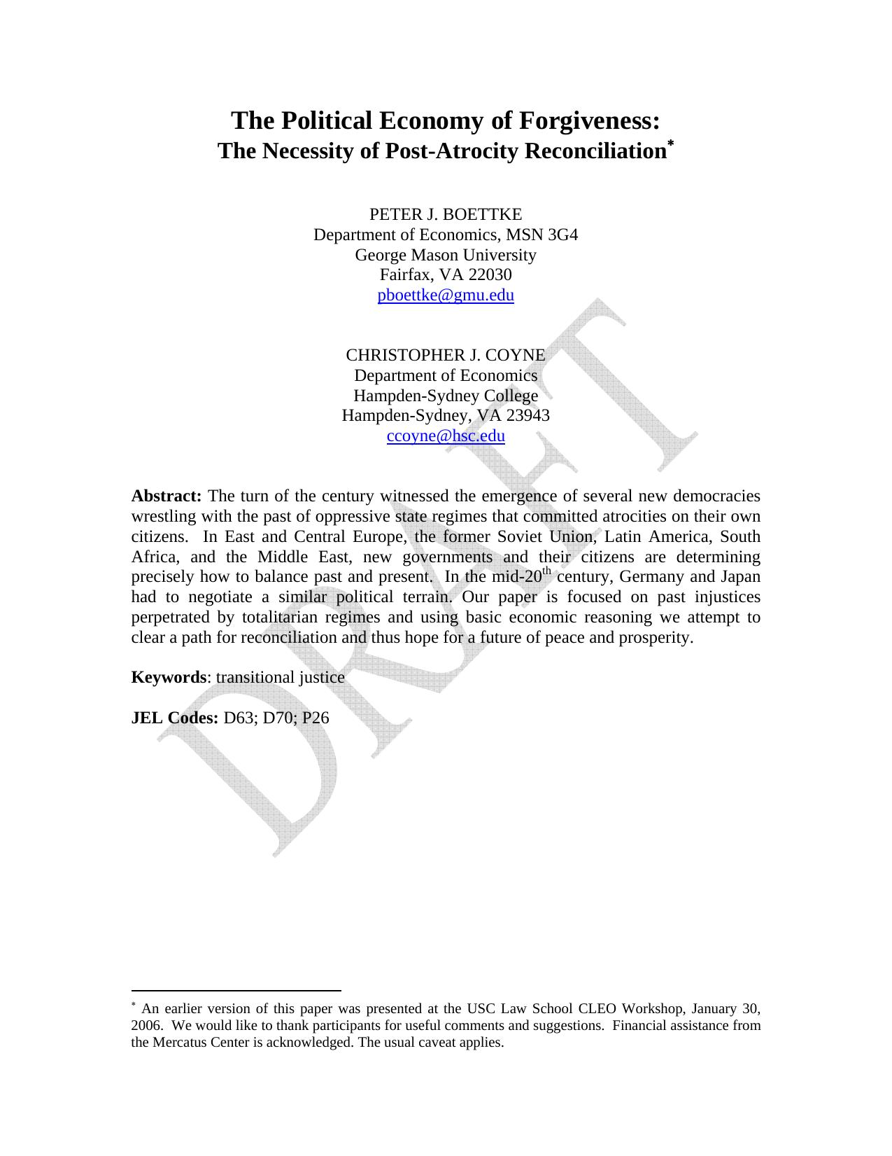 PDF File - The Political Economy of Forgiveness [Draft] - Prof Peter Boettke - Guest Lecture - The Treasury by New Zealand Treasury