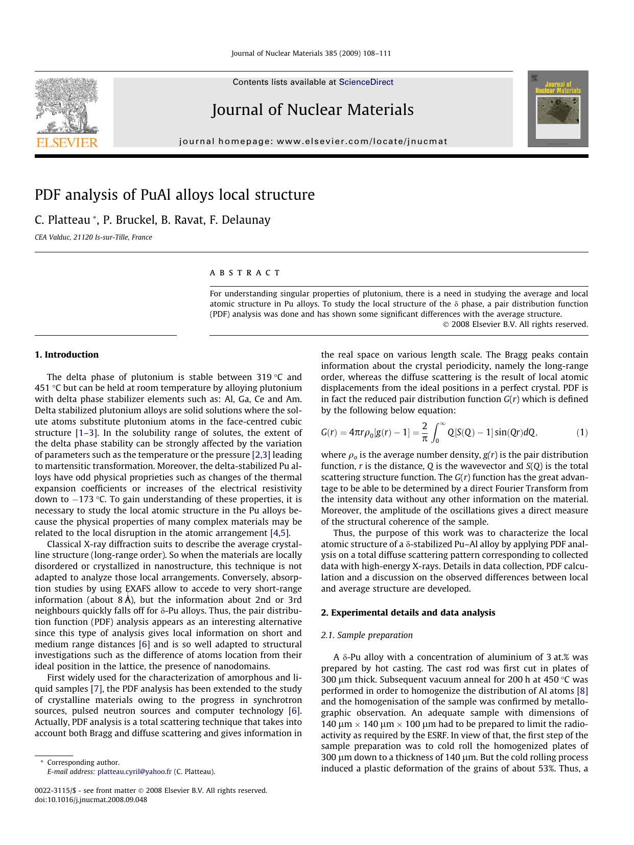 PDF analysis of PuAl alloys local structure by C. Platteau; P. Bruckel; B. Ravat; F. Delaunay