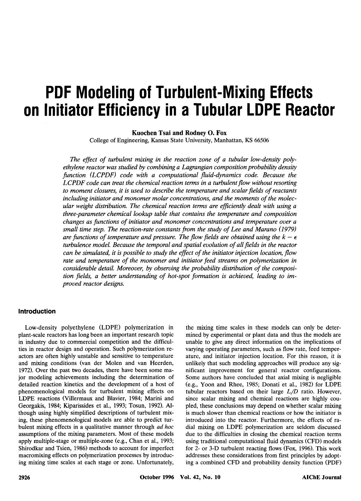PDF modeling of turbulent-mixing effects on initiator efficiency in a tubular LDPE reactor by Unknown