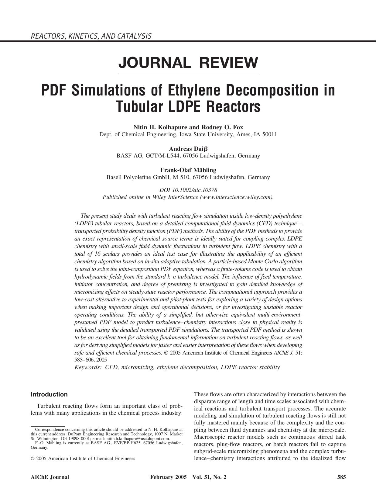 PDF simulations of ethylene decomposition in tubular LDPE reactors by Unknown