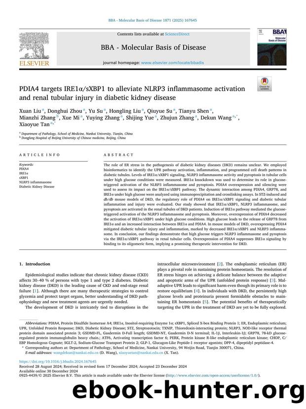 PDIA4 targets IRE1Î±sXBP1 to alleviate NLRP3 inflammasome activation and renal tubular injury in diabetic kidney disease by unknow