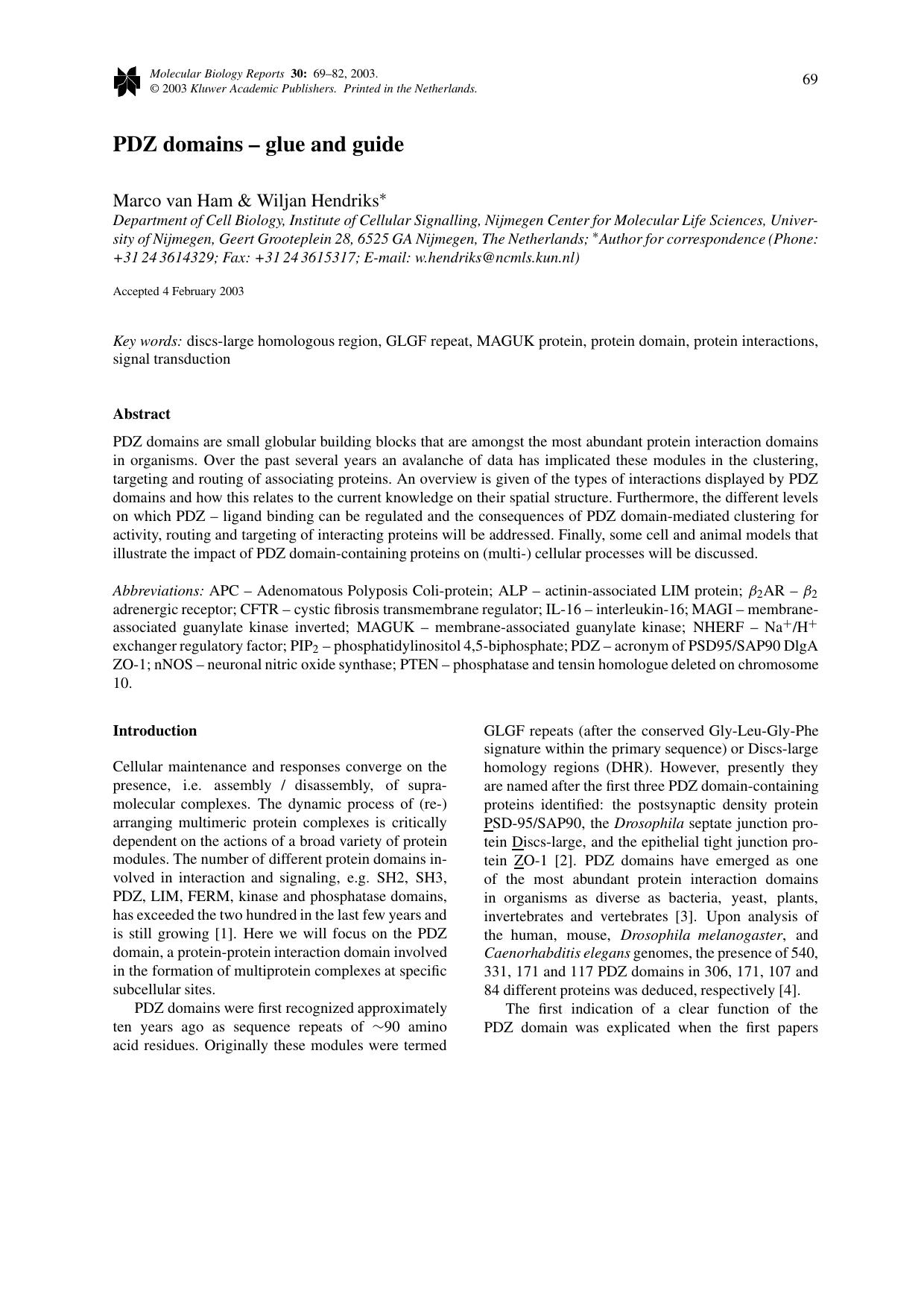 PDZ domains &#x2013; glue and guide by Unknown