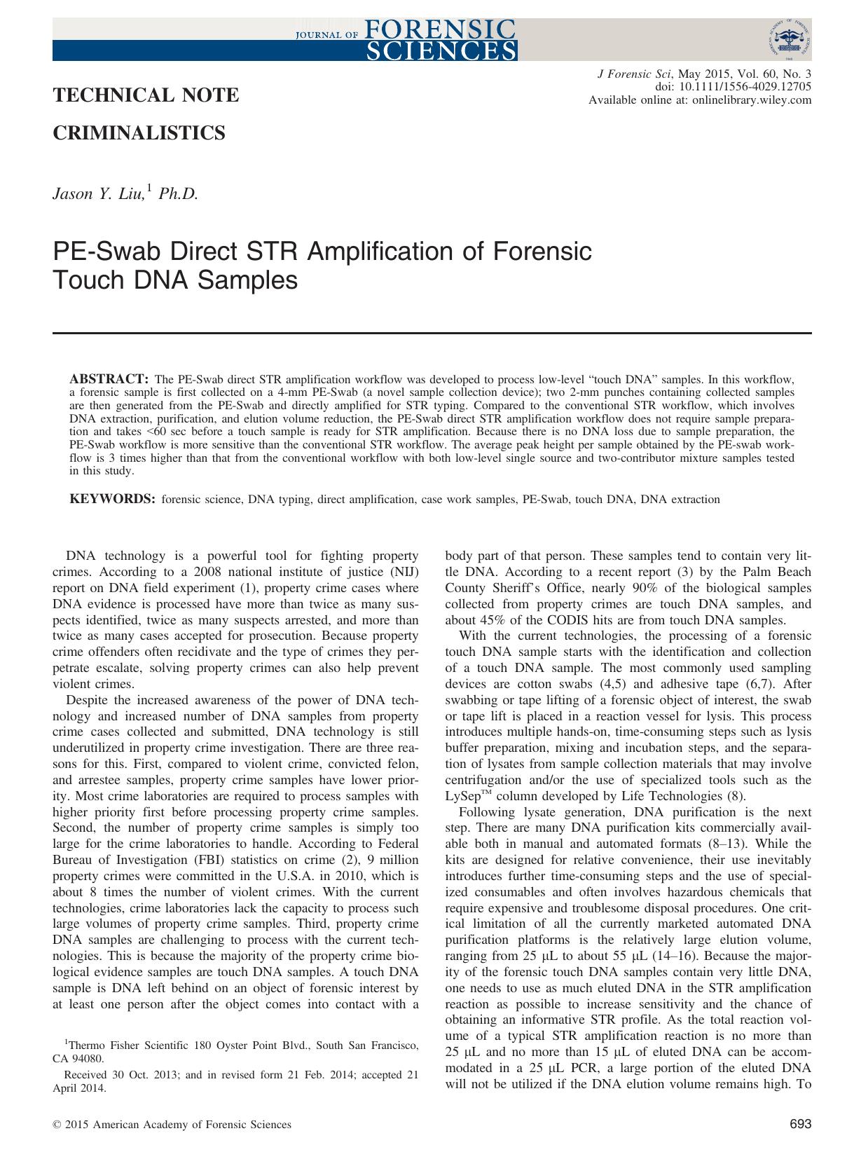 PE‐Swab Direct STR Amplification of Forensic Touch DNA Samples by Unknown