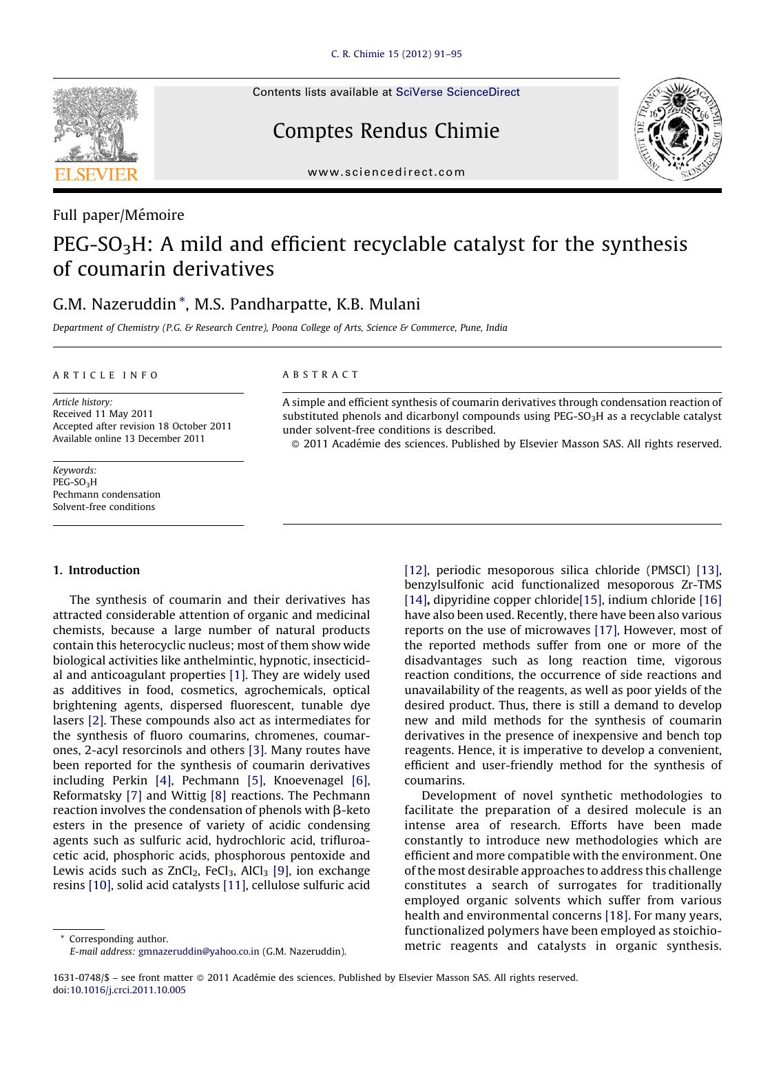 PEG-SO3H: A mild and efficient recyclable catalyst for the synthesis of coumarin derivatives by G.M. Nazeruddin