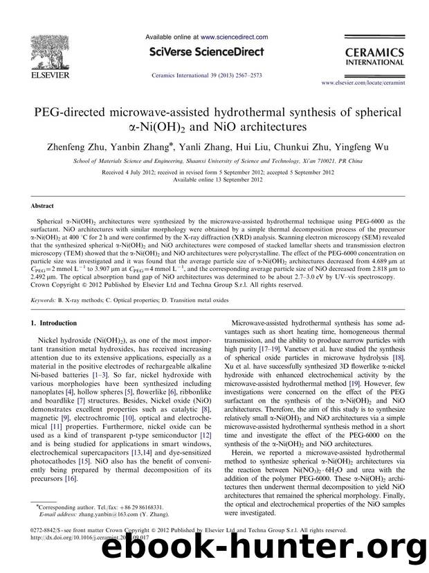 PEG-directed microwave-assisted hydrothermal synthesis of spherical Î±-Ni(OH)2 and NiO architectures by Zhenfeng Zhu & Yanbin Zhang & Yanli Zhang & Hui Liu & Chunkui Zhu & Yingfeng Wu