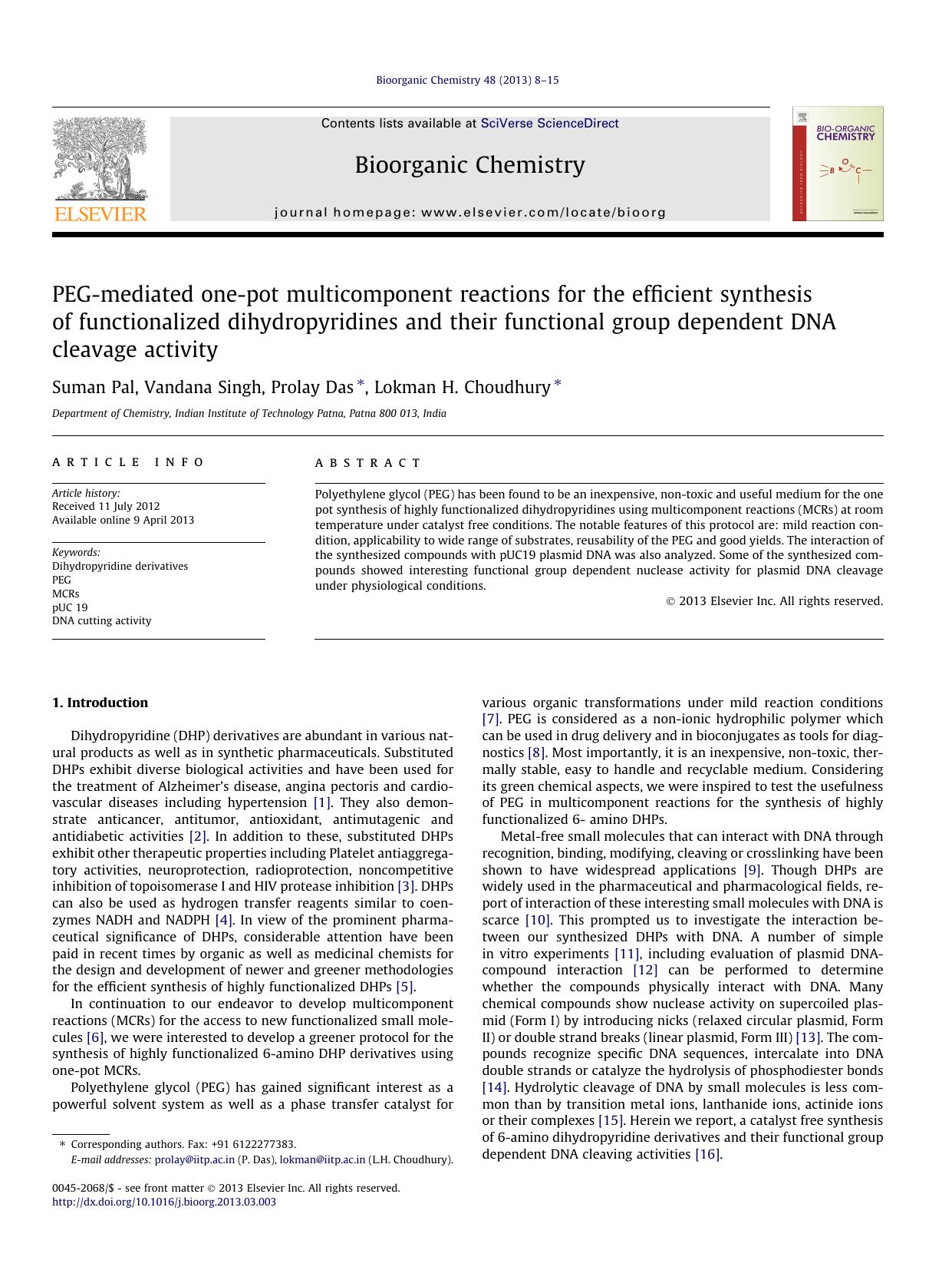 PEG-mediated one-pot multicomponent reactions for the efficient synthesis of functionalized dihydropyridines and their functional group dependent DNA cleavage activity by Suman Pal & Vandana Singh & Prolay Das & Lokman H. Choudhury