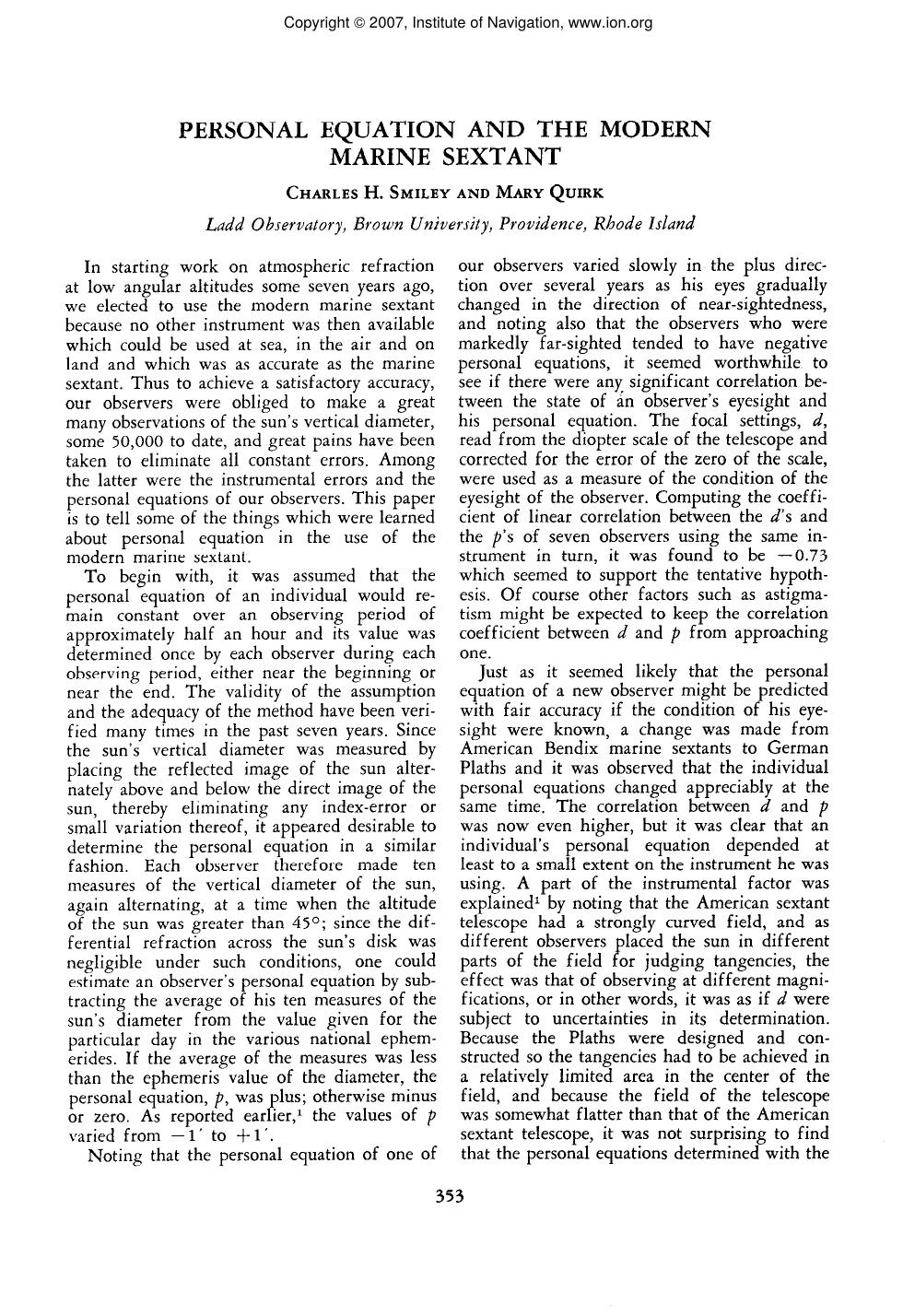 PERSONAL EQUATION AND THE MODERN MARINE SEXTANT by CHARLES H. SMILEY AND MARY QUIRK