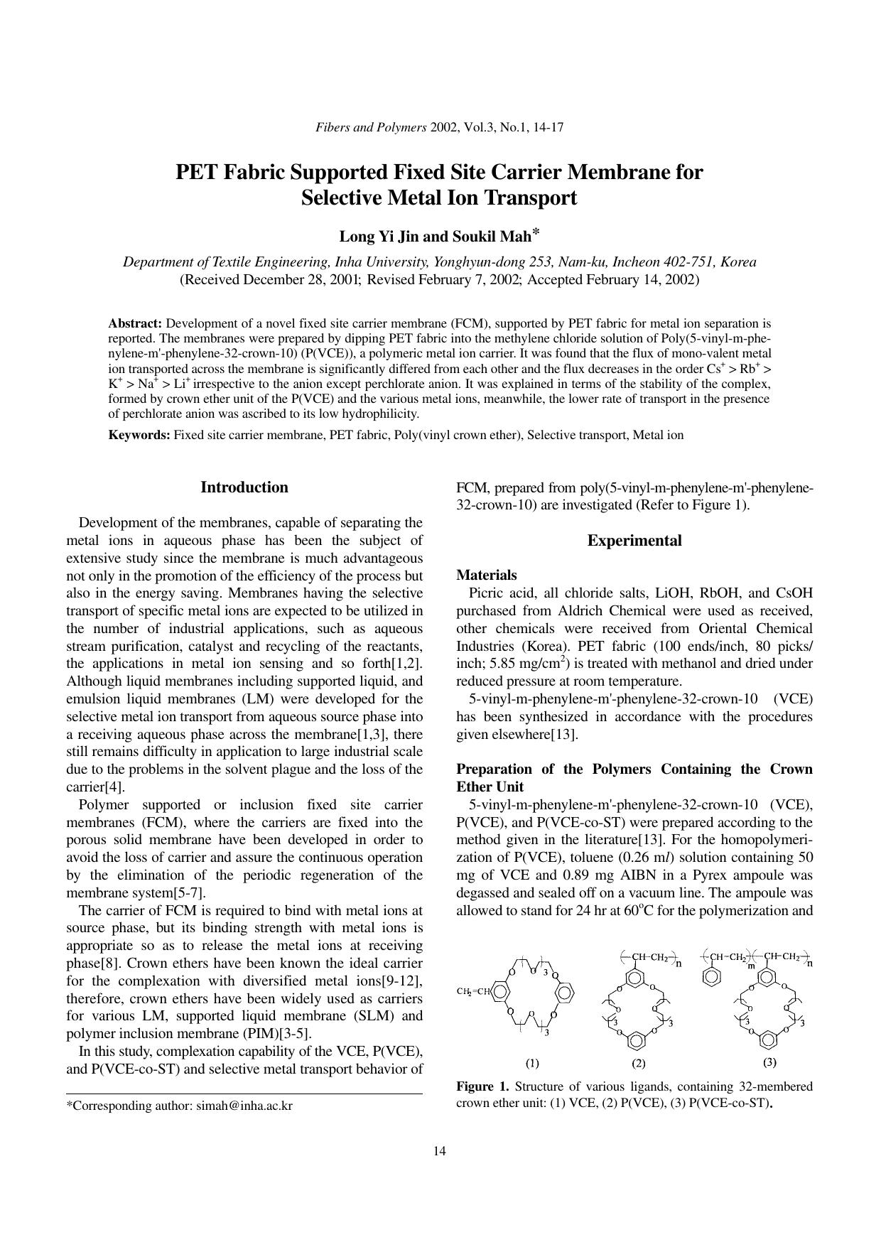 PET fabric supported fixed site carrier membrane for selective metal ion transport by Unknown