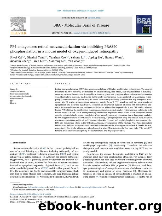 PF4 antagonizes retinal neovascularization via inhibiting PRAS40 phosphorylation in a mouse model of oxygen-induced retinopathy by unknow