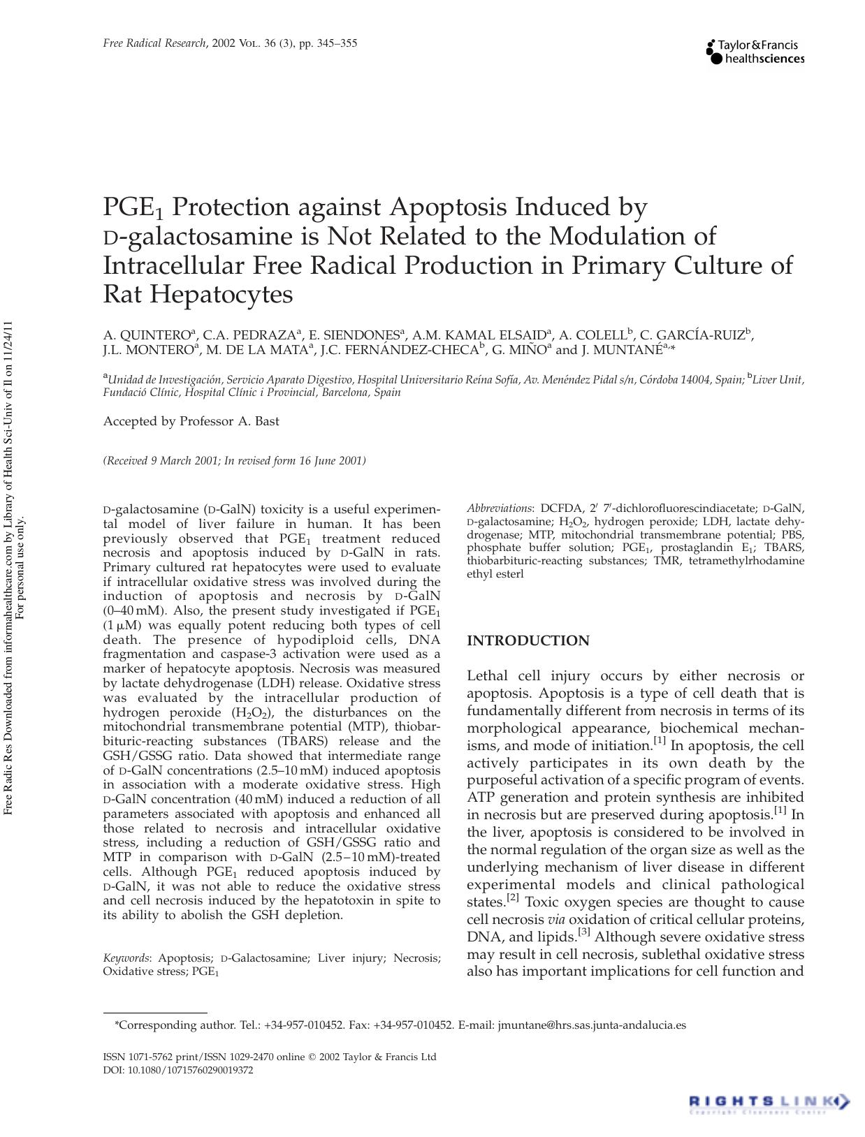 PGE 1 Protection against Apoptosis Induced by d -galactosamine is Not Related to the Modulation of Intracellular Free Radical Production in Primary Culture of Rat Hepatocytes by unknow
