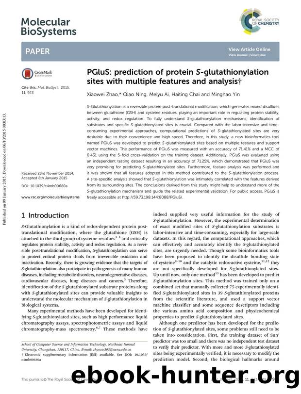 PGluS: prediction of protein S-glutathionylation sites with multiple features and analysis by Xiaowei Zhao & Qiao Ning & Meiyu Ai & Haiting Chai & Minghao Yin