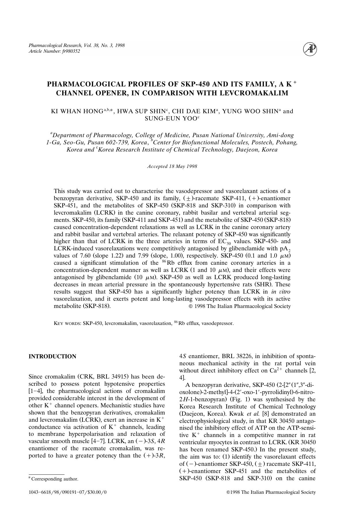 PHARMACOLOGICAL PROFILES OF SKP-450 AND ITS FAMILY, A K+ CHANNEL OPENER, IN COMPARISON WITH LEVCROMAKALIM by HONG W.K. et al