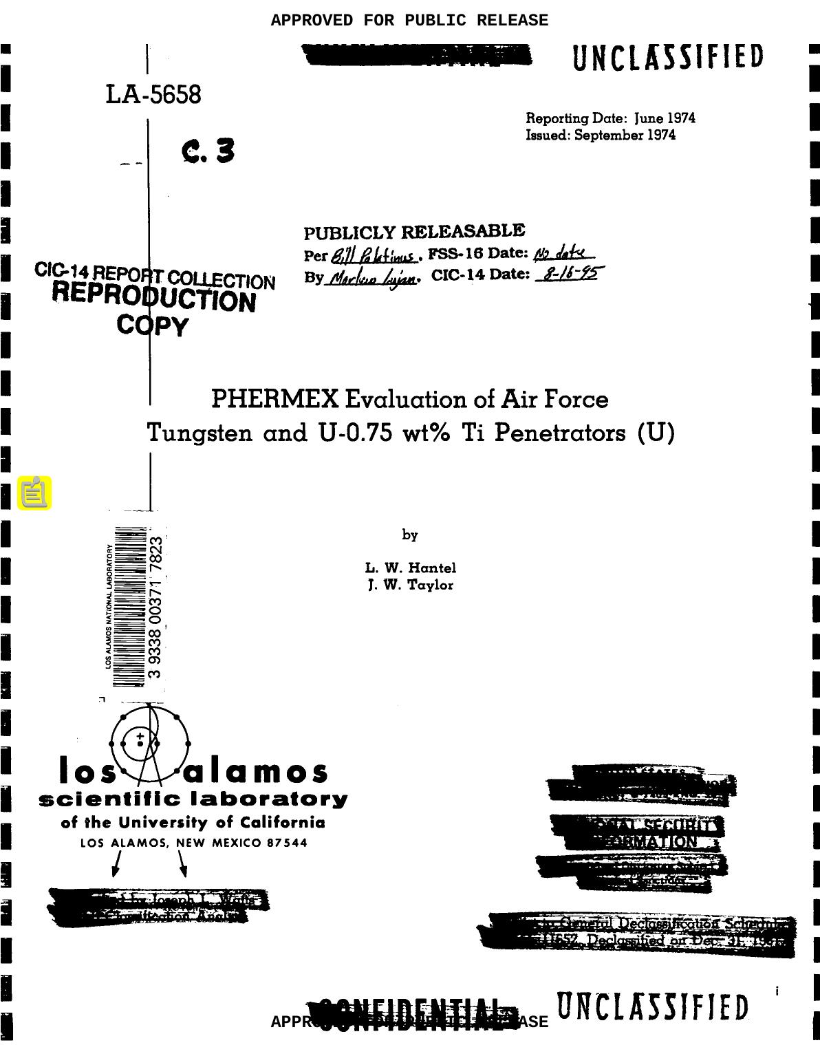 PHERMEX evaluation of Air Force tungsten and U-0.75 wt[per cent] Ti penetrators LA-5658 by LANL Research Library LWW Project