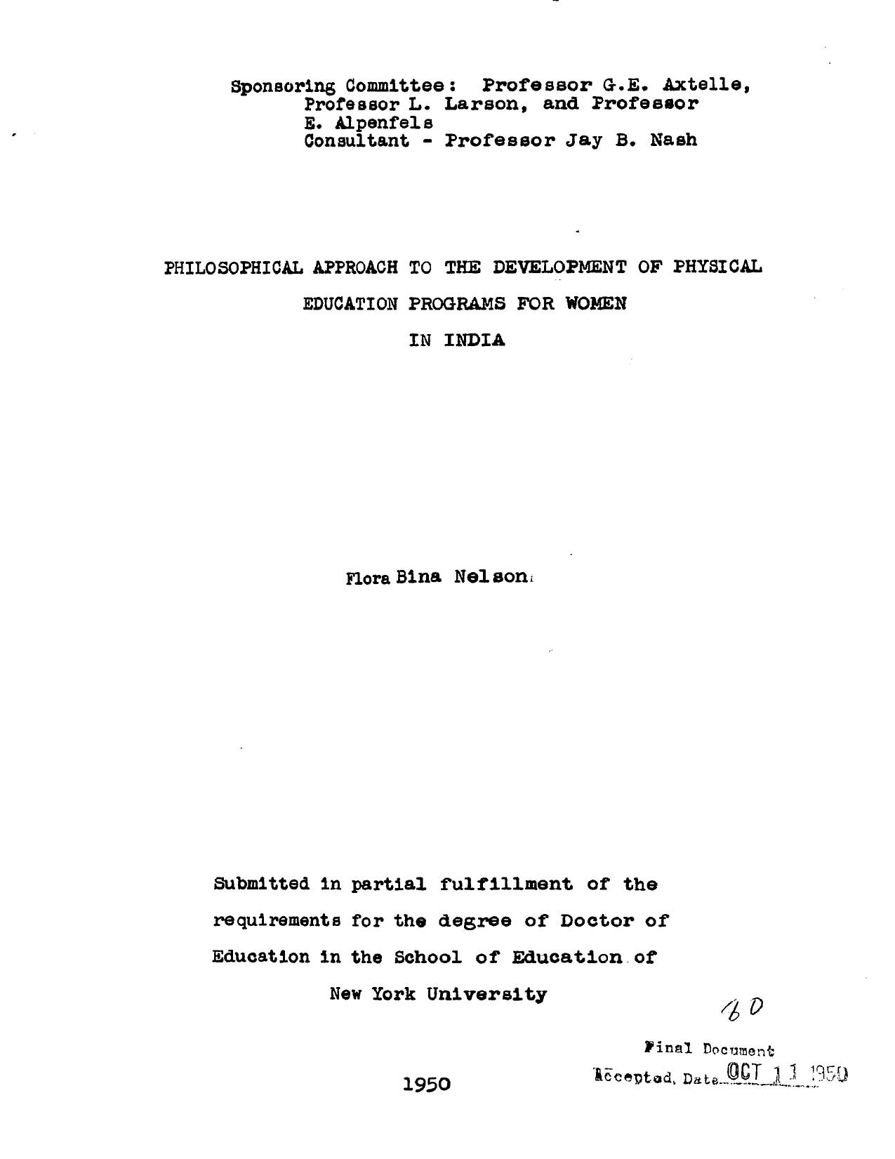 PHILOSOPHICAL APPROACH TO THE DEVELOPMENT OF PHYSICAL EDUCATION PROGRAMS FOR WOMEN IN INDIA by NELSON FLORA BINA