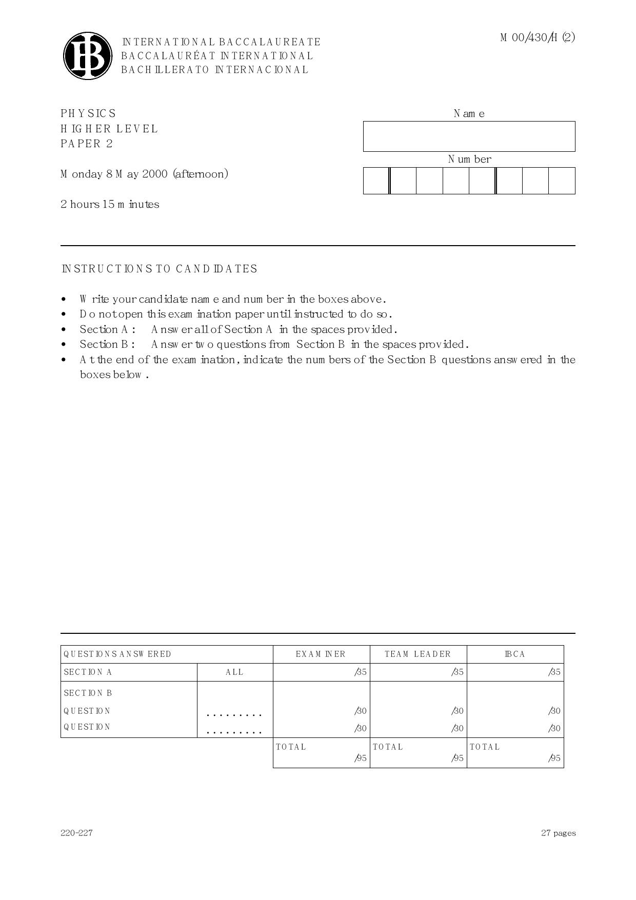 PHYSICS - HIGHER LEVEL - PAPER TWO by unknow