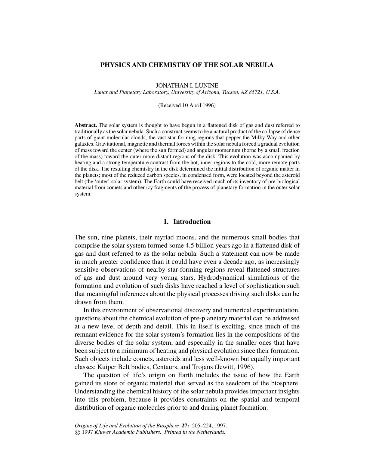 PHYSICS AND CHEMISTRY OF THE SOLAR NEBULA by Unknown