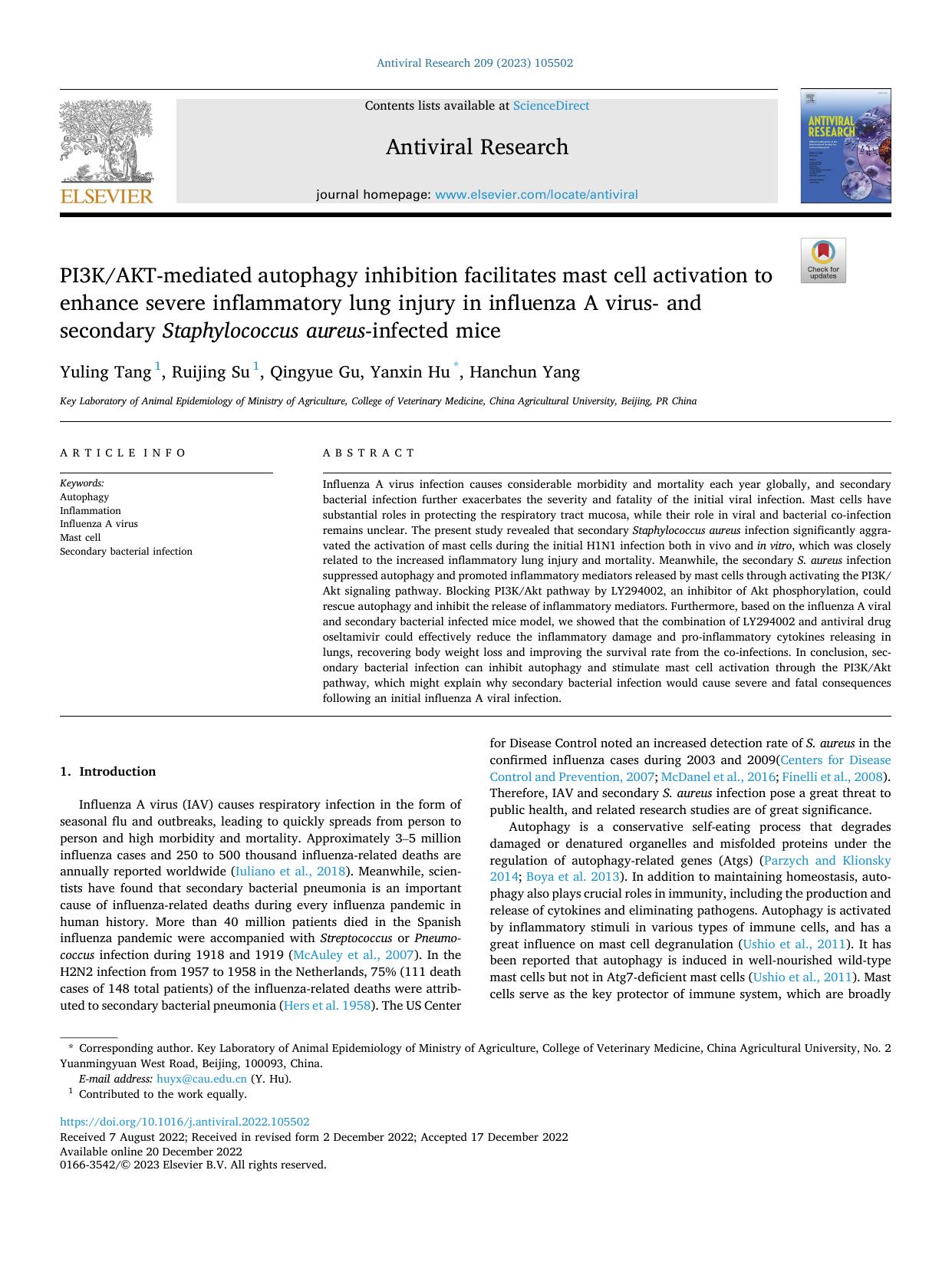 PI3KAKT-mediated autophagy inhibition facilitates mast cell activation to enhance severe inflammatory lung injury in influenza A virus- and secondary Staphylococcus aureus -infected mice by Yuling Tang & Ruijing Su & Qingyue Gu & Yanxin Hu & Hanchun Yang