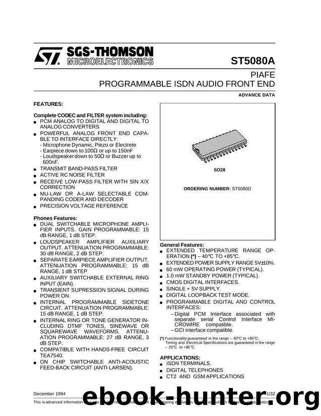 PIAFE PROGRAMMABLE ISDN AUDIO FRONT END by SGS-THOMSON Microelectronics