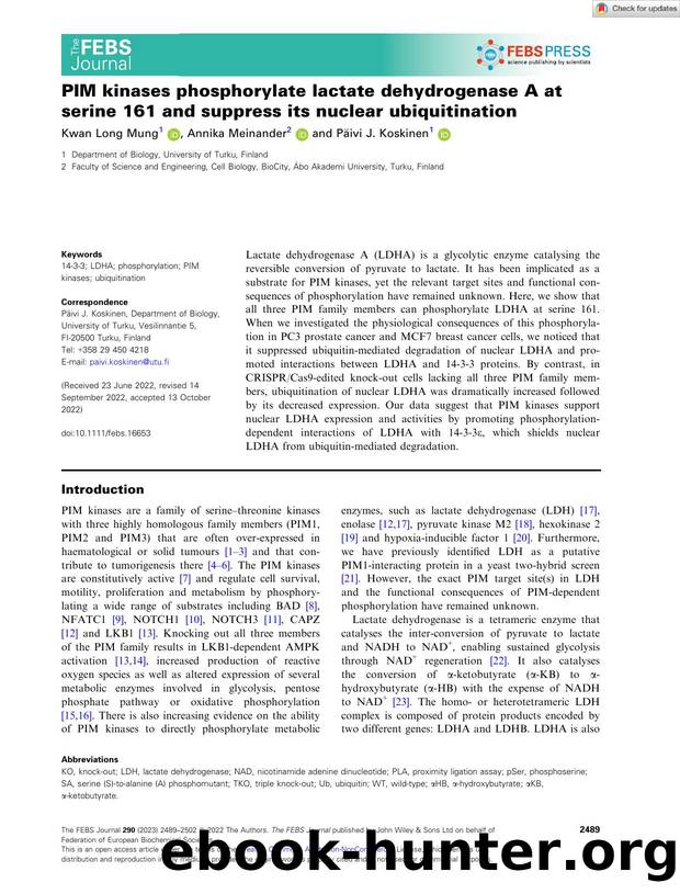PIM kinases phosphorylate lactate dehydrogenase A at serine 161 and suppress its nuclear ubiquitination by Unknown