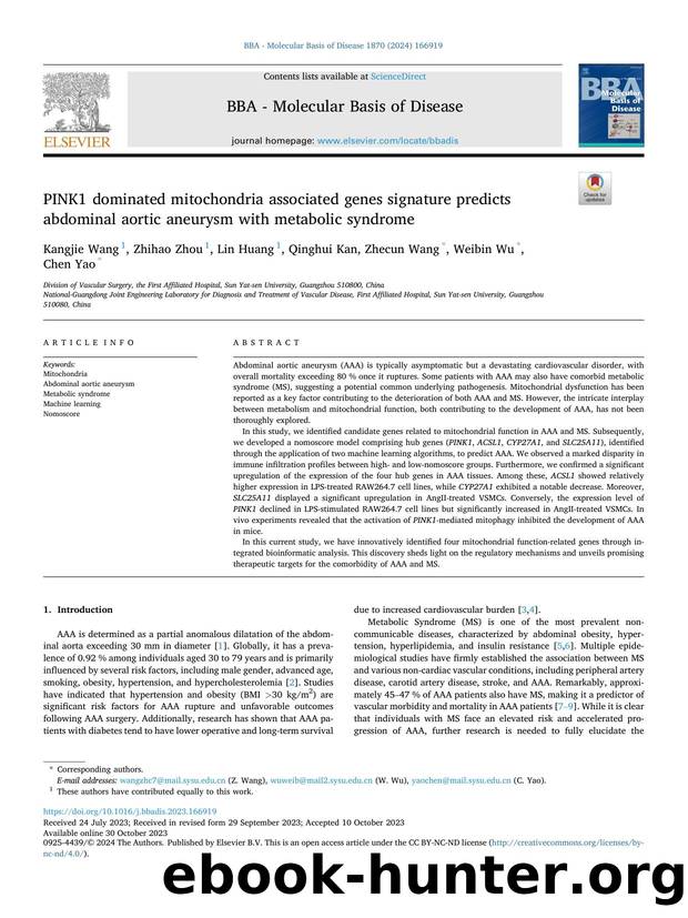 PINK1 dominated mitochondria associated genes signature predicts abdominal aortic aneurysm with metabolic syndrome by Kangjie Wang & Zhihao Zhou & Lin Huang & Qinghui Kan & Zhecun Wang & Weibin Wu & Chen Yao