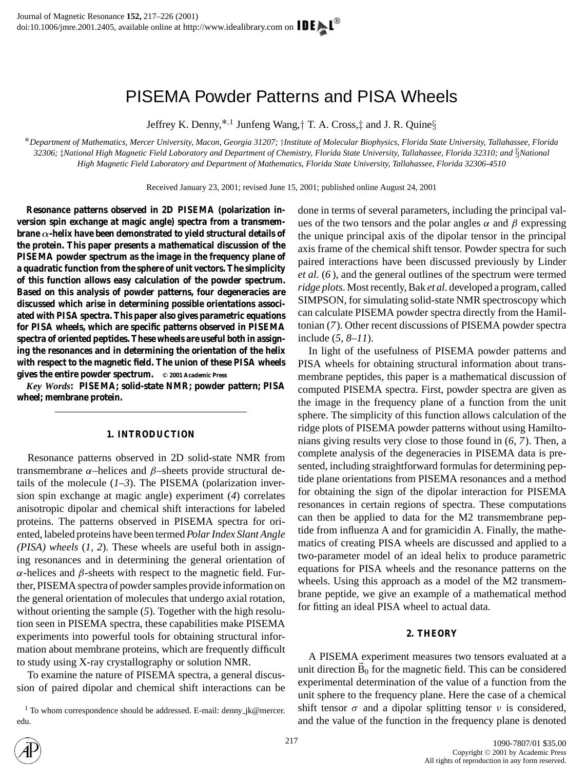 PISEMA Powder Patterns and PISA Wheels by Denny J. K. et al