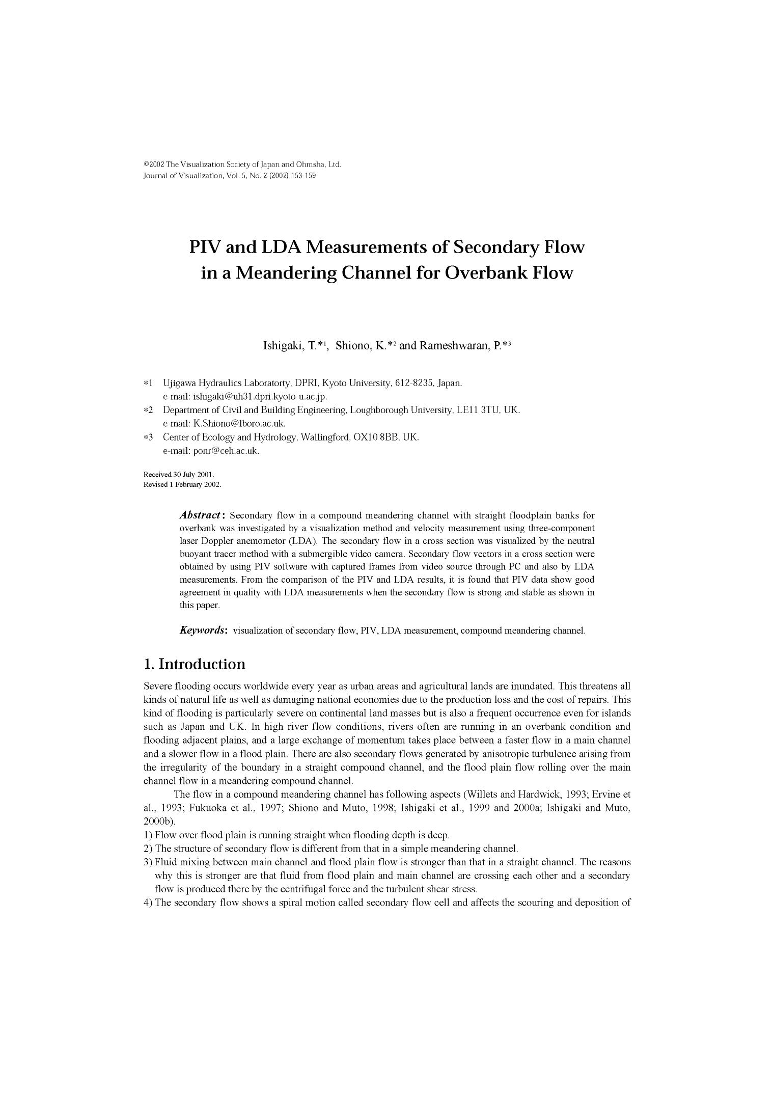 PIV and LDA measurements of secondary flow in a meandering channel for overbank flow by Unknown