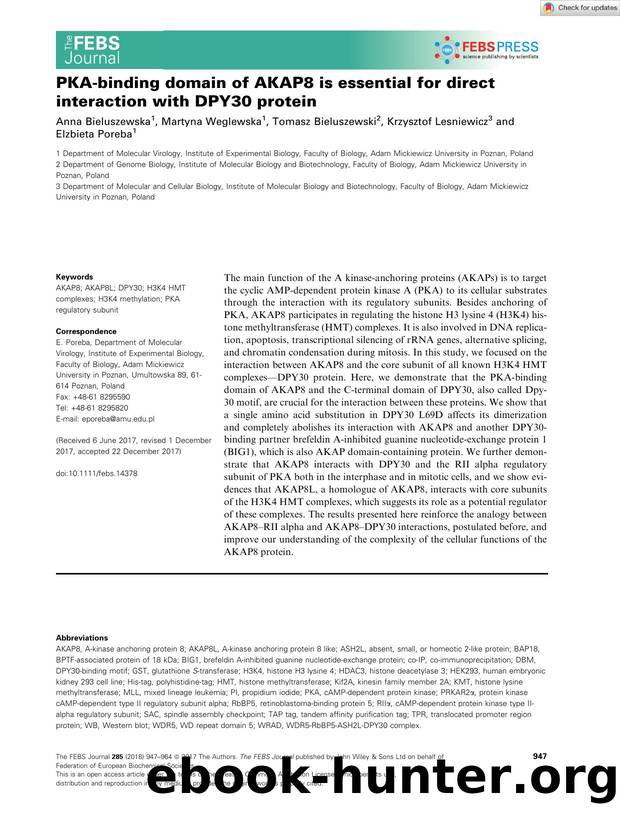 PKAâbinding domain of AKAP8 is essential for direct interaction with DPY30 protein by Unknown