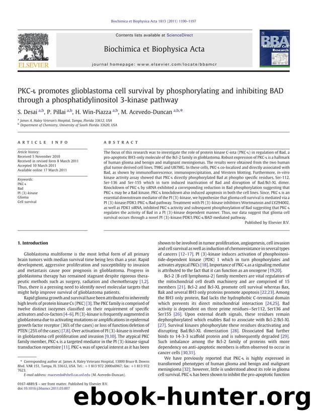 PKC-Î¹ promotes glioblastoma cell survival by phosphorylating and inhibiting BAD through a phosphatidylinositol 3-kinase pathway by S. Desai