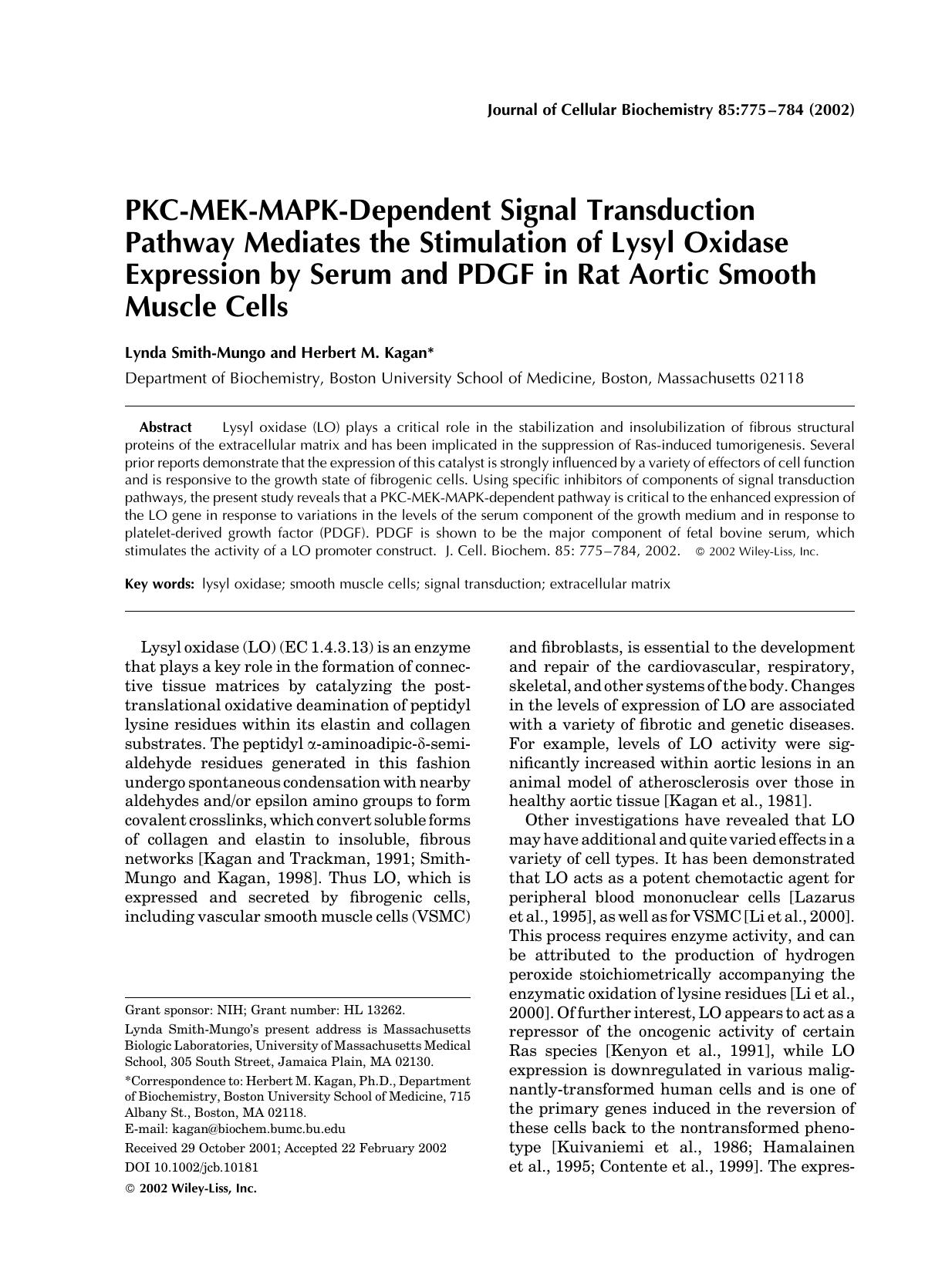 PKC-MEK-MAPK-dependent signal transduction pathway mediates the stimulation of lysyl oxidase expression by serum and PDGF in rat aortic smooth muscle cells by Unknown