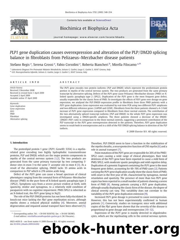 PLP1 gene duplication causes overexpression and alteration of the PLPDM20 splicing balance in fibroblasts from PelizaeusâMerzbacher disease patients by Stefano Regis; Serena Grossi; Fabio Corsolini; Roberta Biancheri; Mirella Filocamo