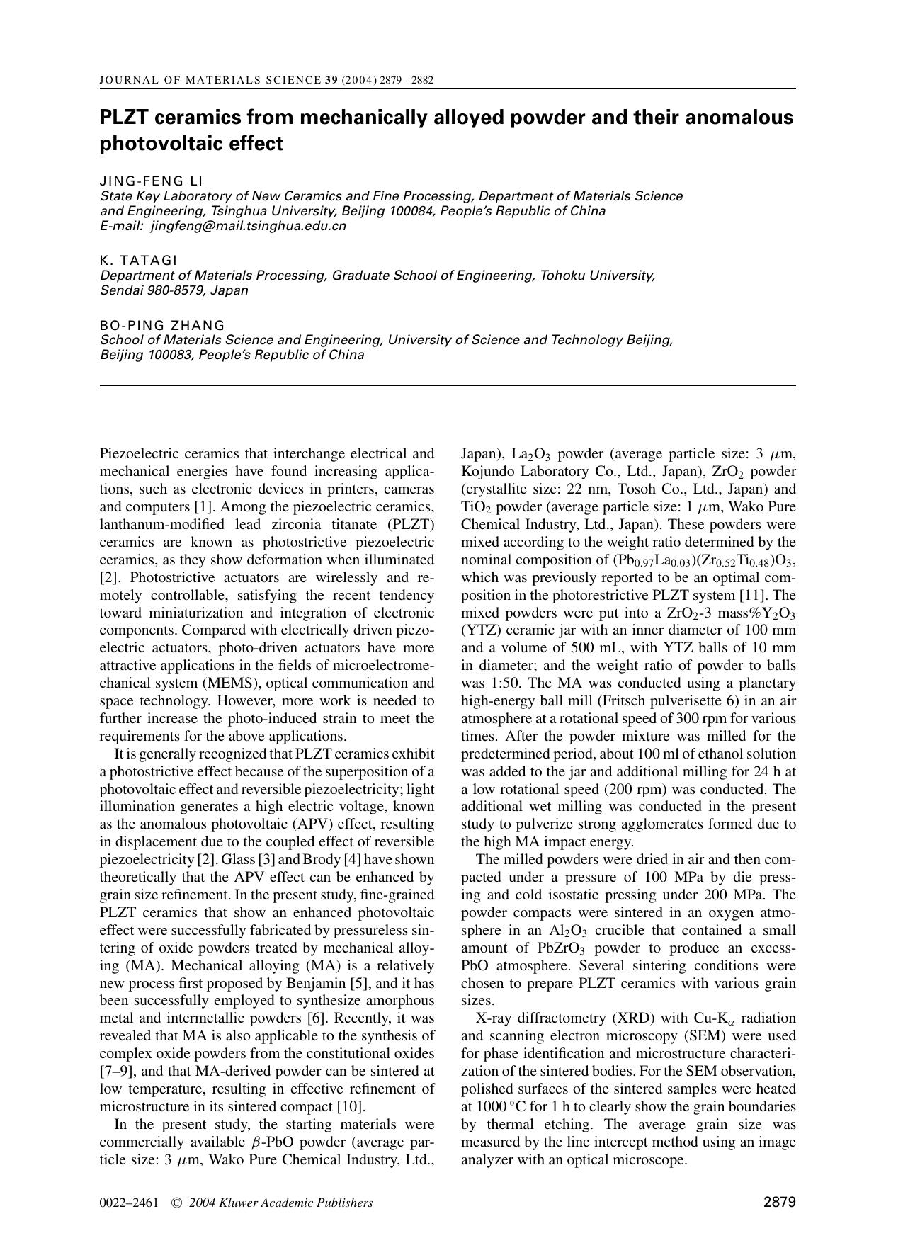 PLZT ceramics from mechanically alloyed powder and their anomalous photovoltaic effect by Unknown