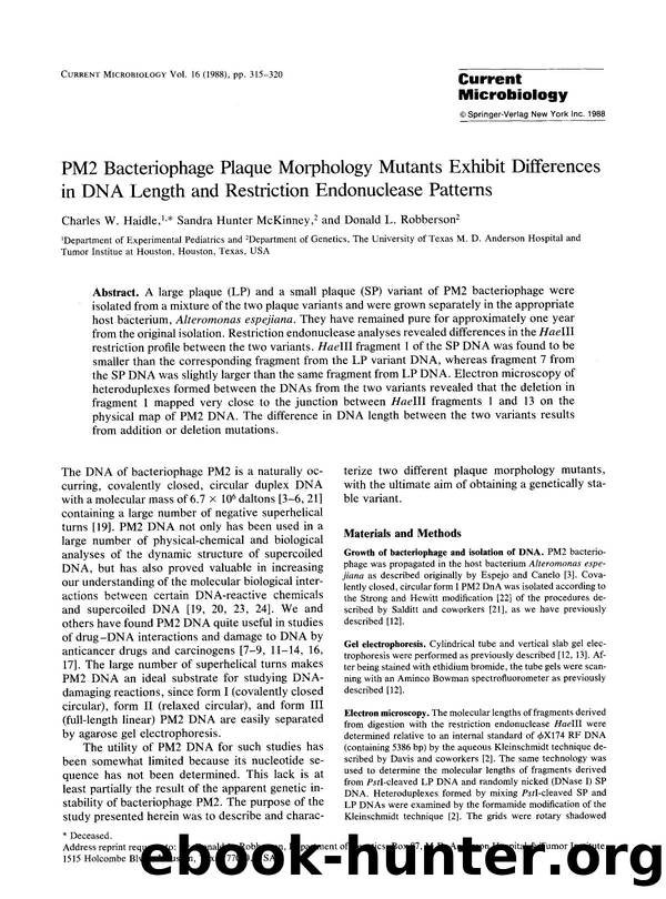 PM2 bacteriophage plaque morphology mutants exhibit differences in DNA length and restriction endonuclease patterns by Unknown