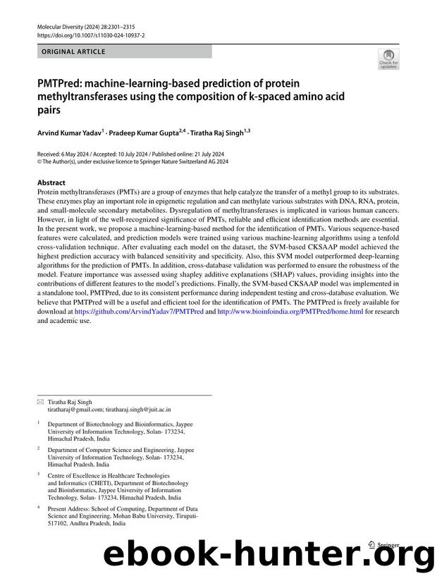 PMTPred: machine-learning-based prediction of protein methyltransferases using the composition of k-spaced amino acid pairs by Arvind Kumar Yadav & Pradeep Kumar Gupta & Tiratha Raj Singh