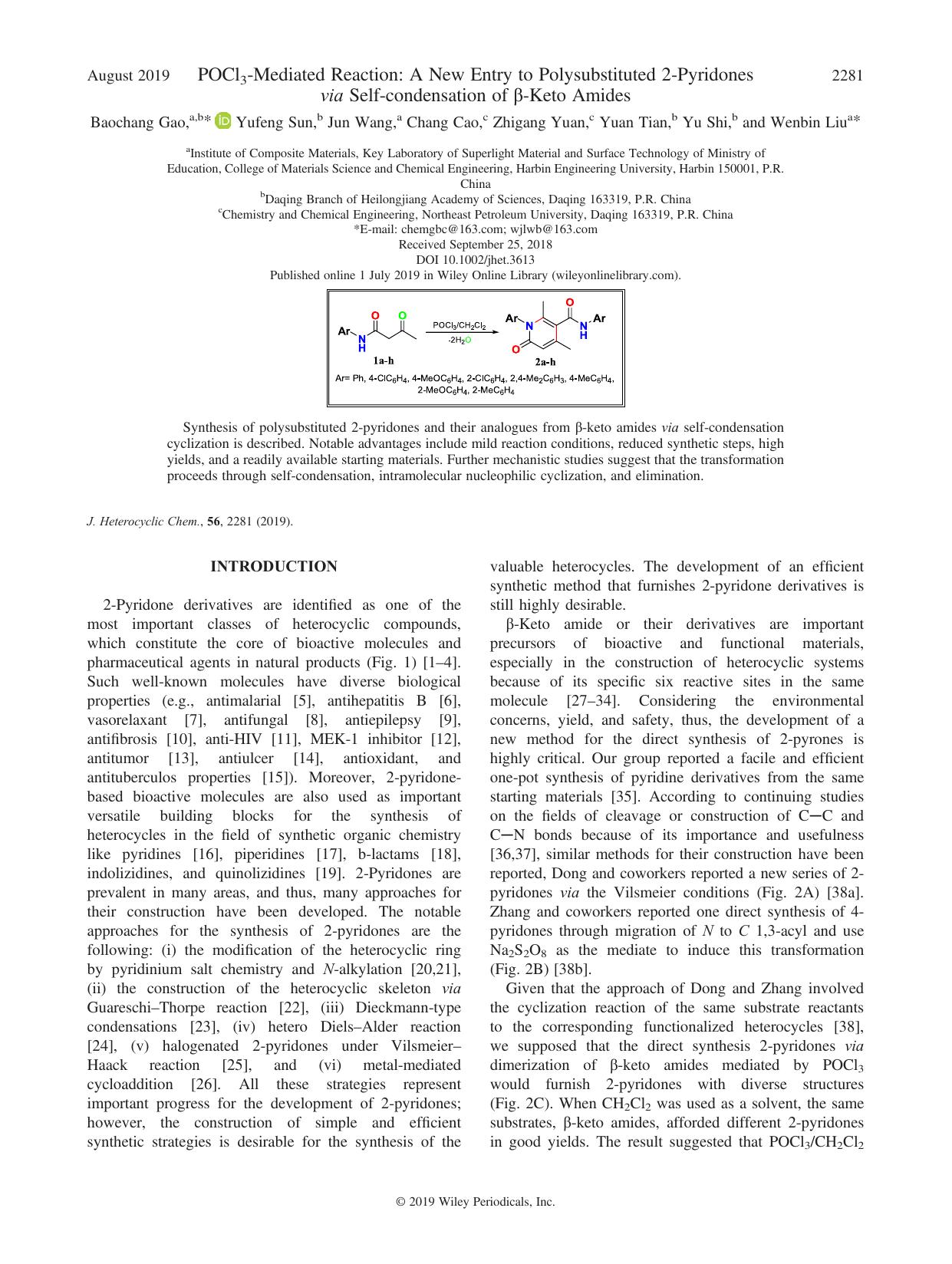 POCl3-Mediated Reaction: A New Entry to Polysubstituted 2-Pyridones via Self-condensation of -Keto Amides by Baochang Gao Yufeng Sun Jun Wang Chang Cao Zhigang Yuan Yuan Tian Yu Shi Wenbin Liu