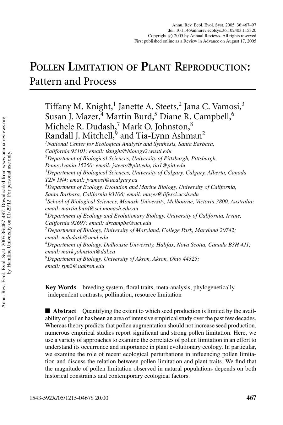 POLLEN LIMITATION OF PLANT REPRODUCTION: Pattern and Process by unknow