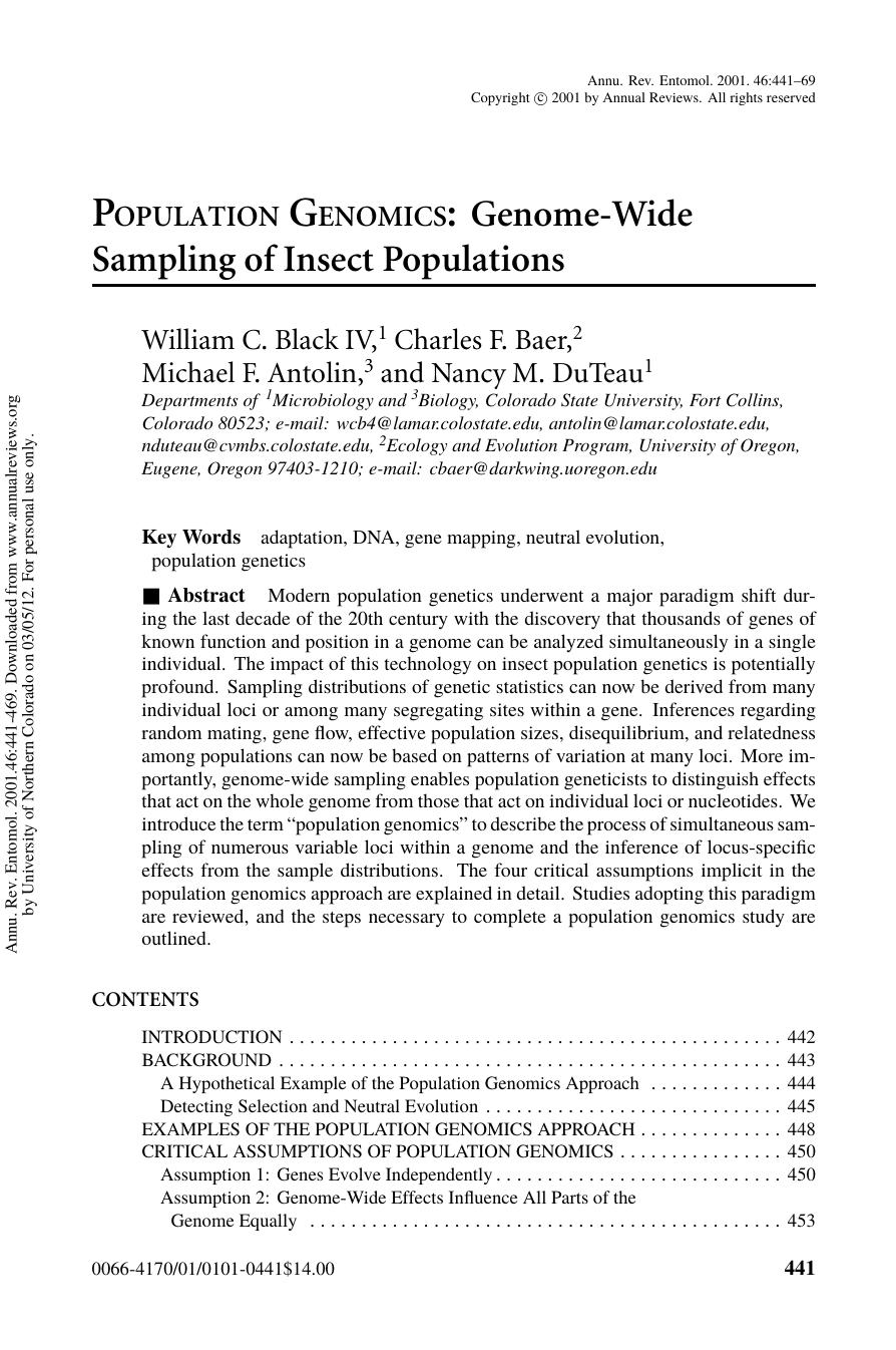 POPULATION GENOMICS: Genome-Wide Sampling of Insect Populations by William C. Black IV 1 Charles F. Baer 2 Michael F. Antolin 3 & Nancy M. DuTeau1