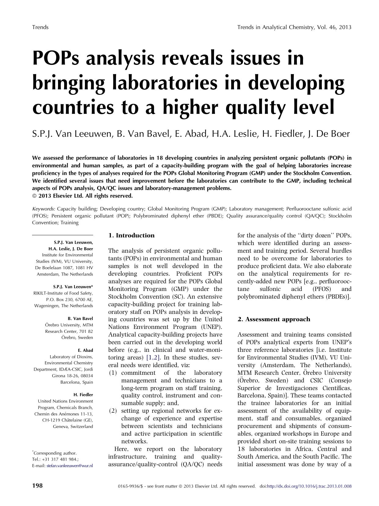 POPs analysis reveals issues in bringing laboratories in developing countries to a higher quality level by S.P.J. Van Leeuwen & H.A. Leslie & J. De Boer & B. Van Bavel & E. Abad & H. Fiedler