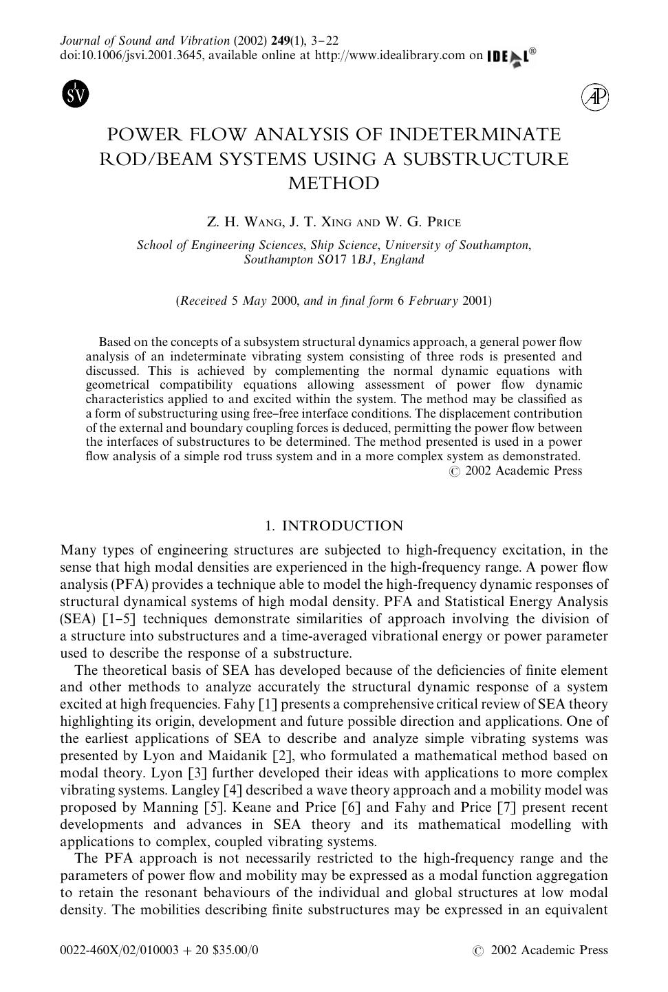 POWER FLOW ANALYSIS OF INDETERMINATE RODBEAM SYSTEMS USING A SUBSTRUCTURE METHOD by WANG Z. H. et al