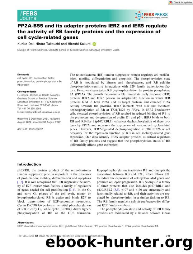 PP2AâB55 and its adapter proteins IER2 and IER5 regulate the activity of RB family proteins and the expression of cell cycleârelated genes by Unknown