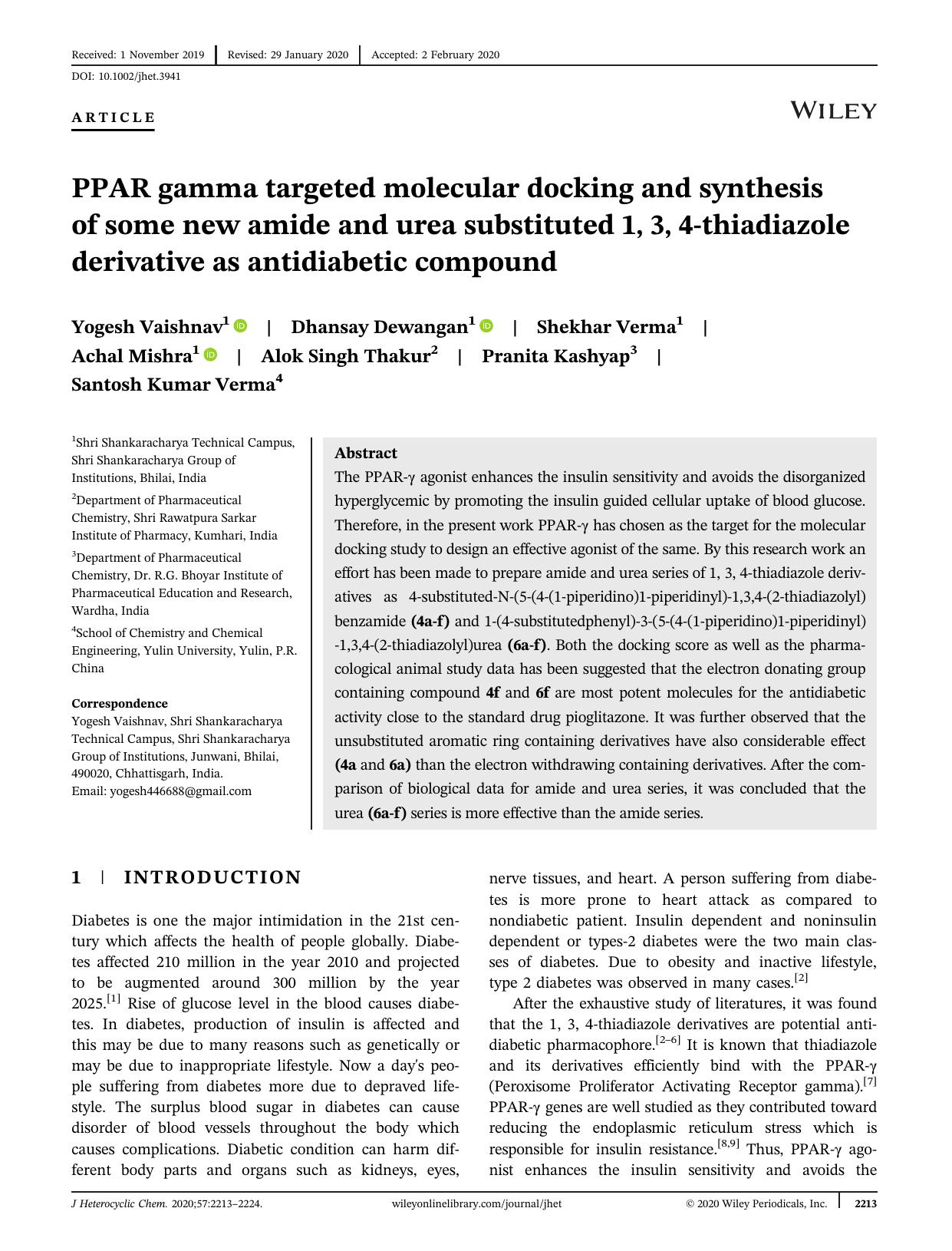 PPAR Gamma Targeted Molecular Docking and Synthesis of Some New Amide and Urea Substituted 1, 3, 4-Thiadiazole Derivative as Antidiabetic Compound by Unknown