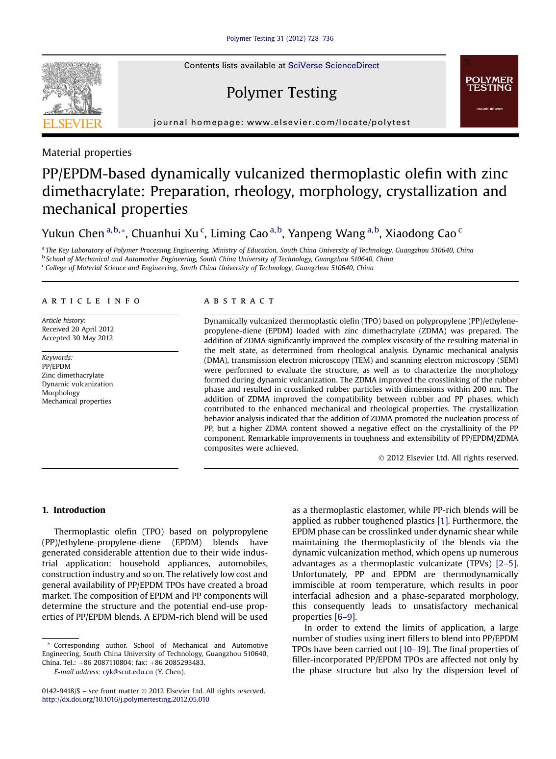 PPEPDM-based dynamically vulcanized thermoplastic olefin with zinc dimethacrylate: Preparation, rheology, morphology, crystallization and mechanical properties by unknow