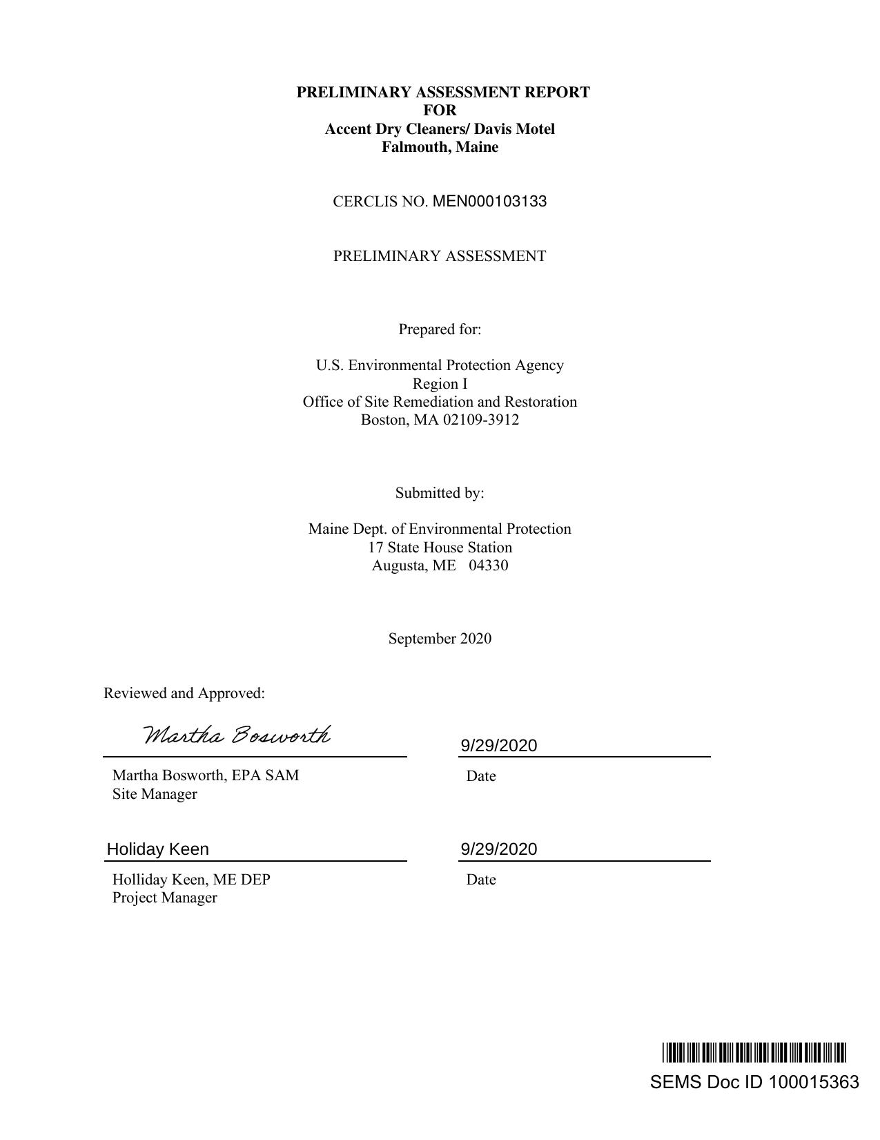 PRELIMINARY ASSESSMENT (PA) REPORT by NONE / ME DEPT OF ENVIRONMENTAL PROTECTION