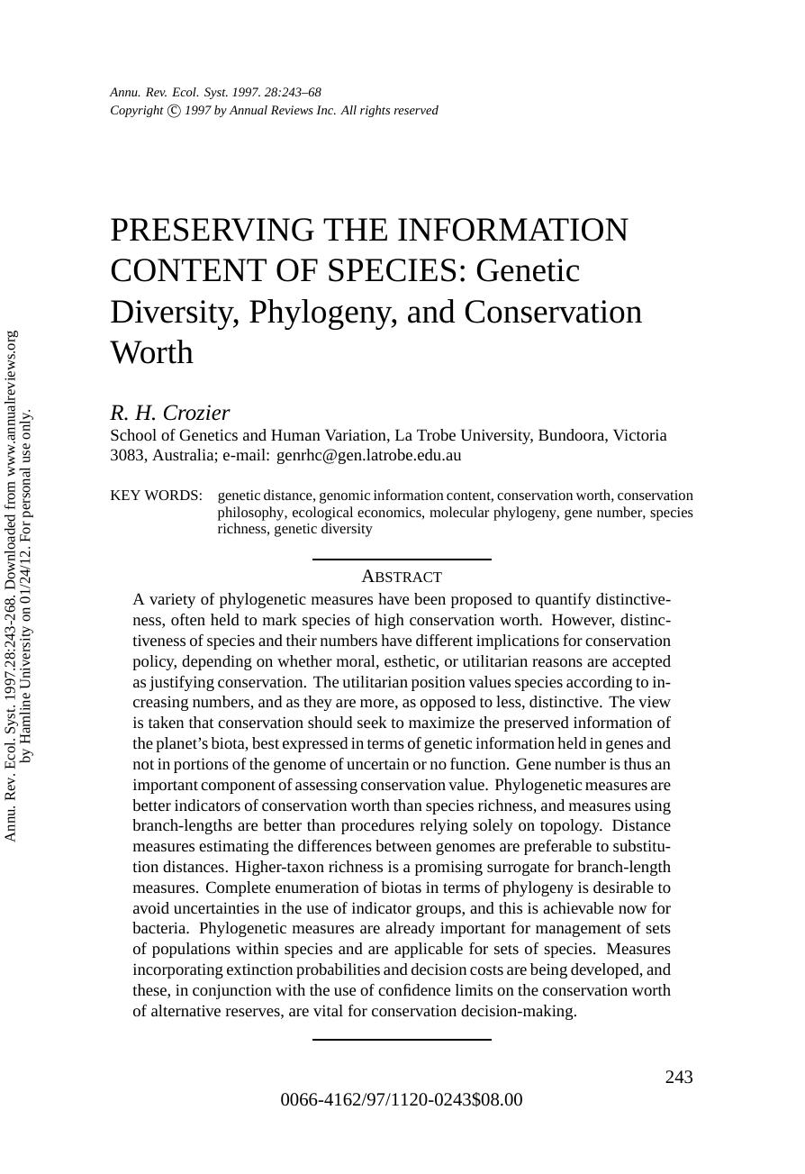 PRESERVING THE INFORMATION CONTENT OF SPECIES:Genetic Diversity, Phylogeny, and Conservation Worth by R. H. Crozier