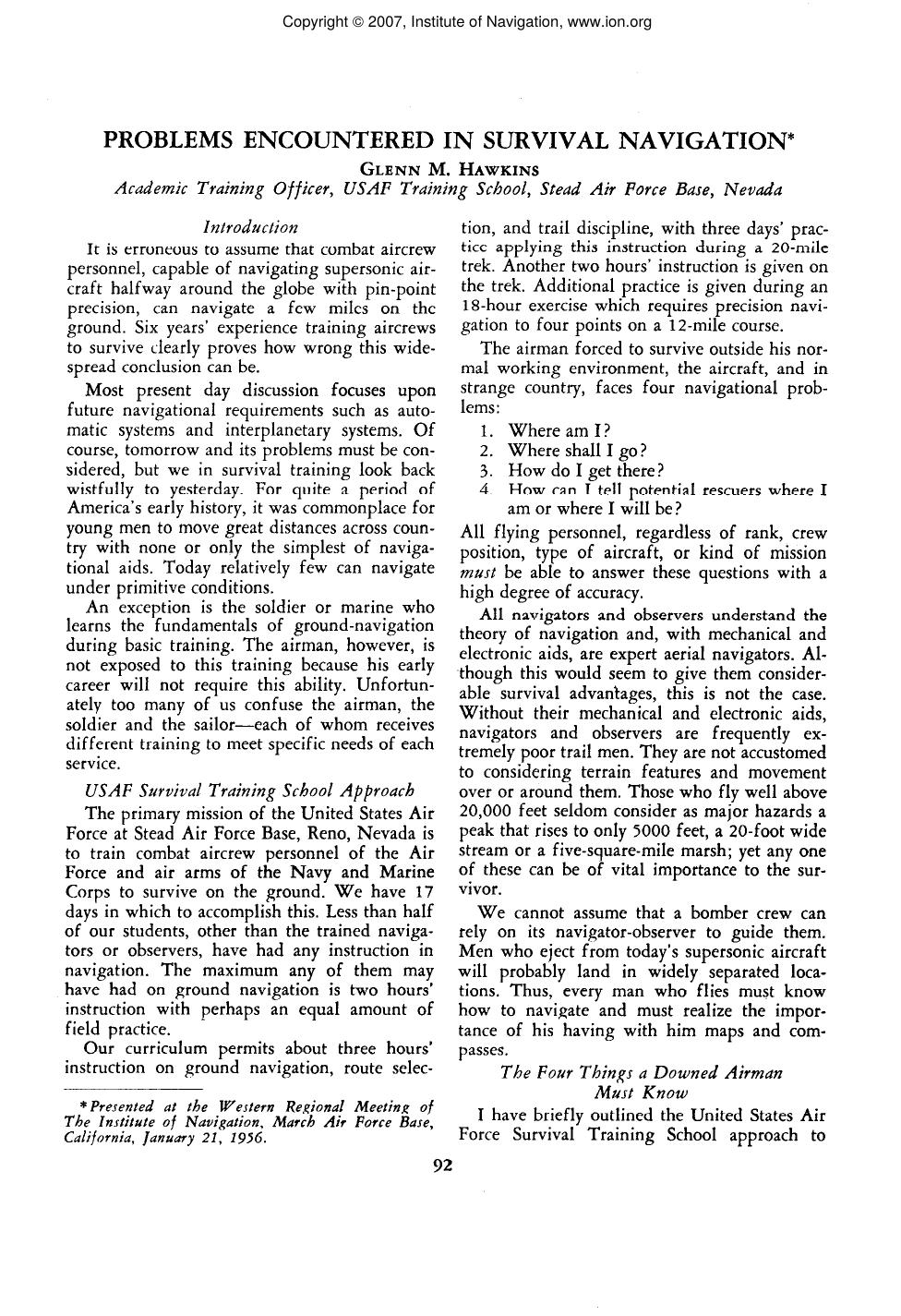 PROBLEMS ENCOUNTERED IN SURVIVAL NAVIGATION by GLENN M. HAWKINS